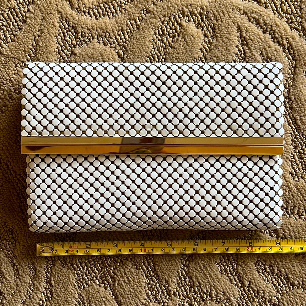 Whiting & Davis white mesh purse with silver &  gold detail & detachable strap.